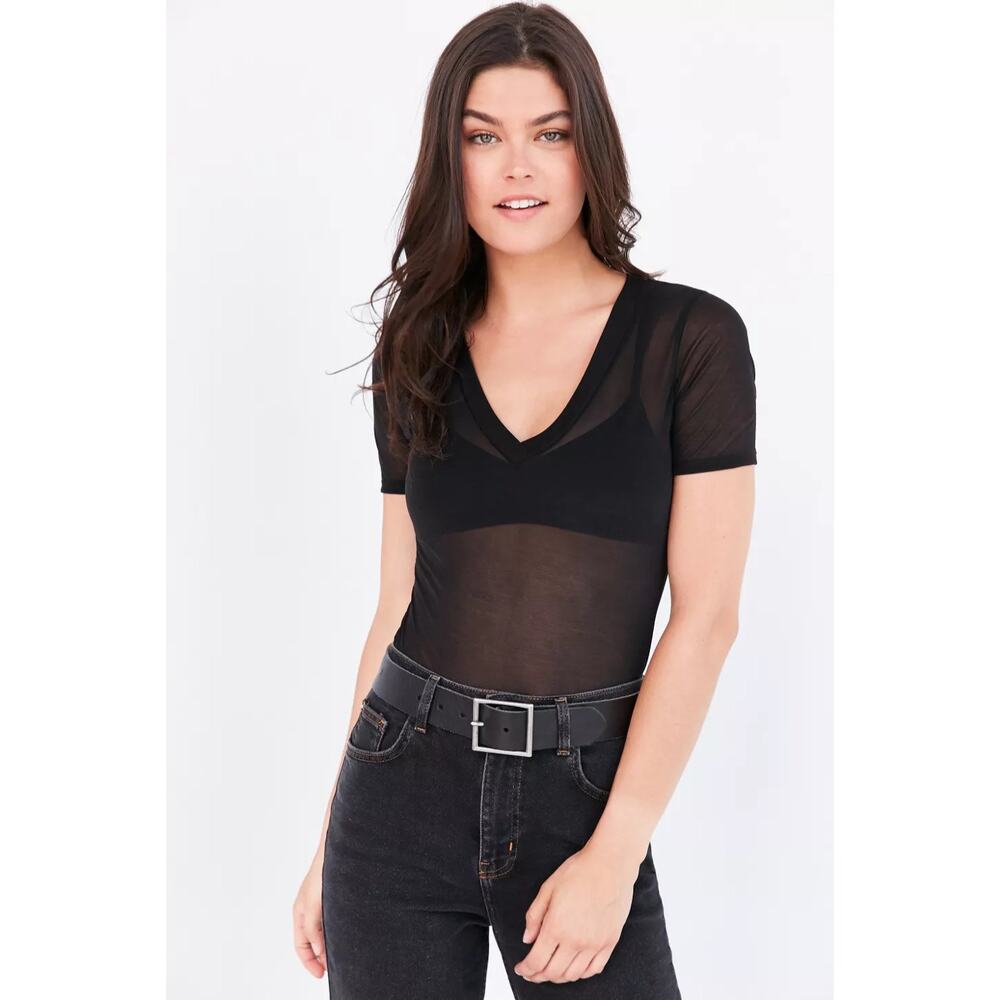 ♥ 676 ♥ (L) OUT FROM UNDER Black Short Sleeve Sheer Bodysuit